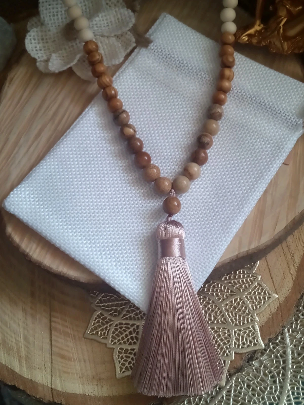 Collier Sautoir bohème en perles de bois + pierres de jaspe – photo 3